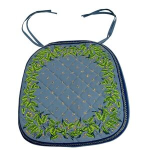 Williams Sonoma Provence Blue Quilted Chair Pad Leaf Berry Butterfly 16x16 NEW